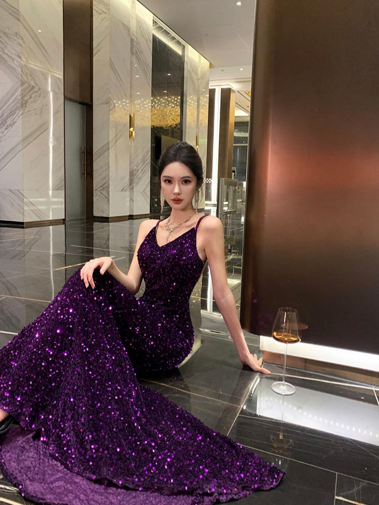 Lavender Sequin Backless Gown Unique Bridal Robe & Party Dress