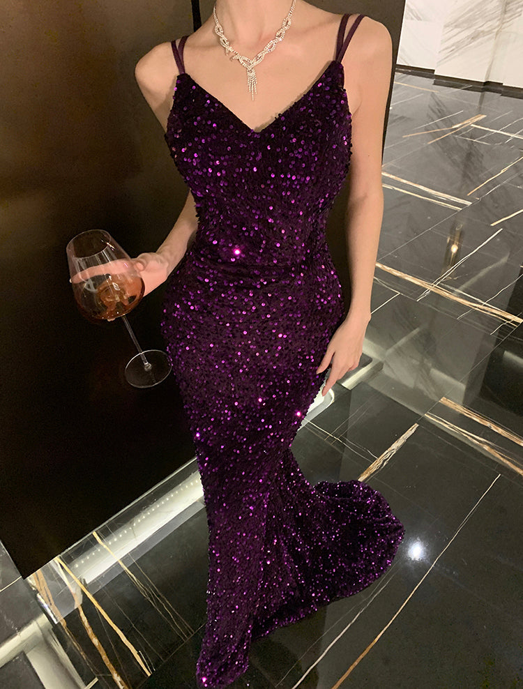 Lavender Sequin Backless Gown Unique Bridal Robe & Party Dress