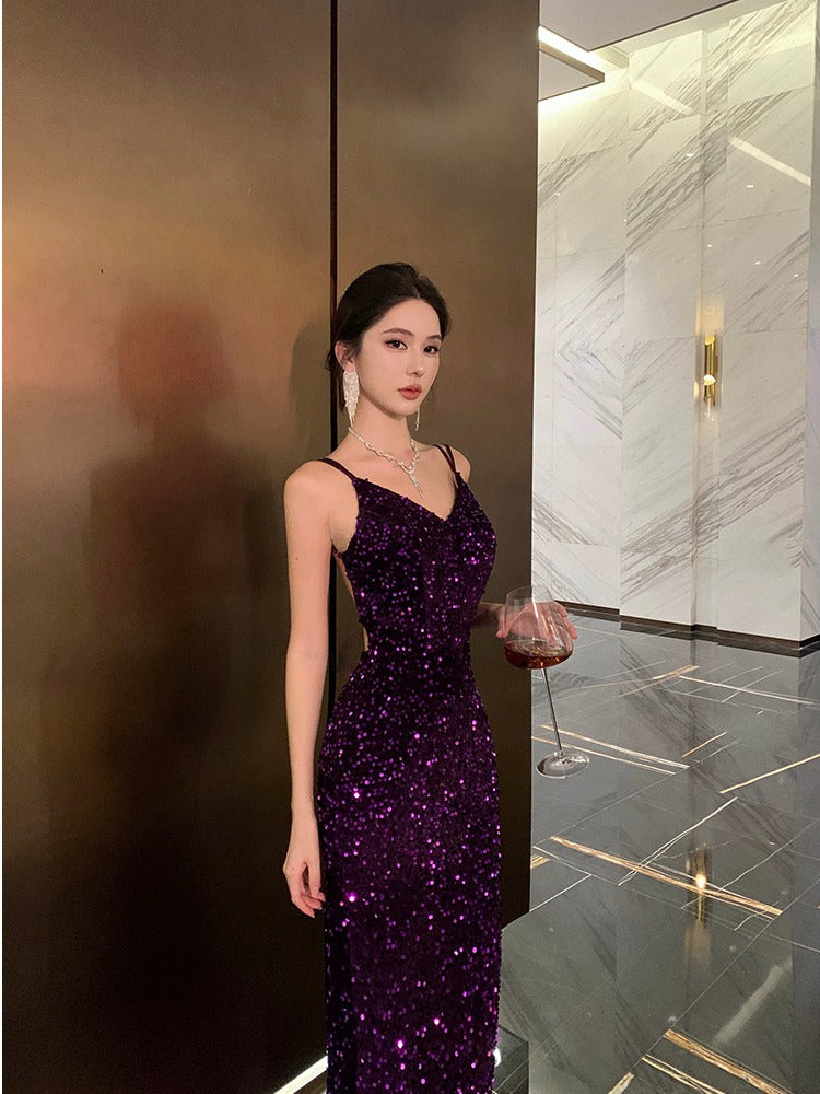 Lavender Sequin Backless Gown Unique Bridal Robe & Party Dress