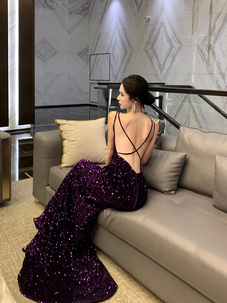 Lavender Sequin Backless Gown Unique Bridal Robe & Party Dress