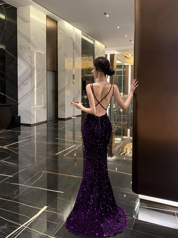 Lavender Sequin Backless Gown Unique Bridal Robe & Party Dress