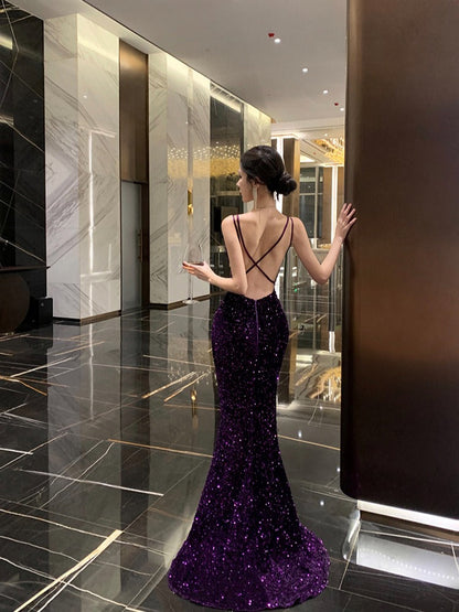 Lavender Sequin Backless Gown Unique Bridal Robe & Party Dress