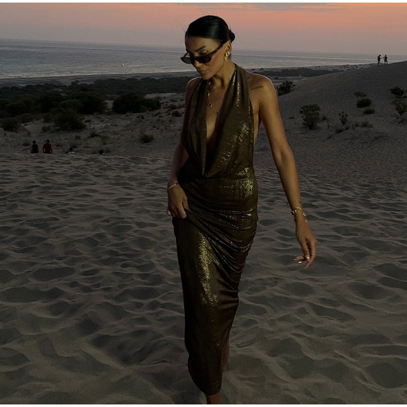 Halter Deep V Neck Metallic Shimmer Fishtail Maxi Gown