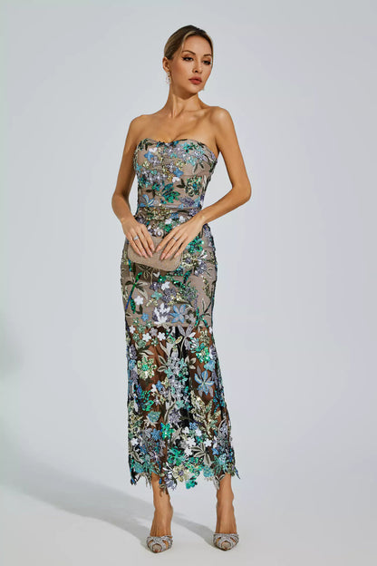 Leanna Blue Flower Embroidered Maxi Dress