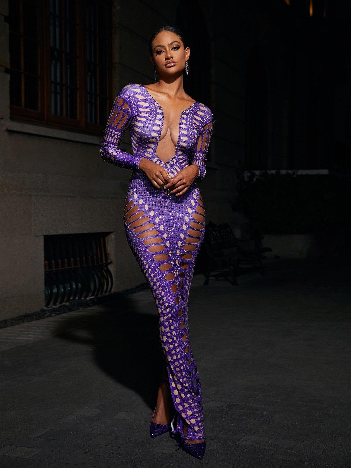Rhinestone Embellished Deep V Cutout Long Sleeve Maxi Dress