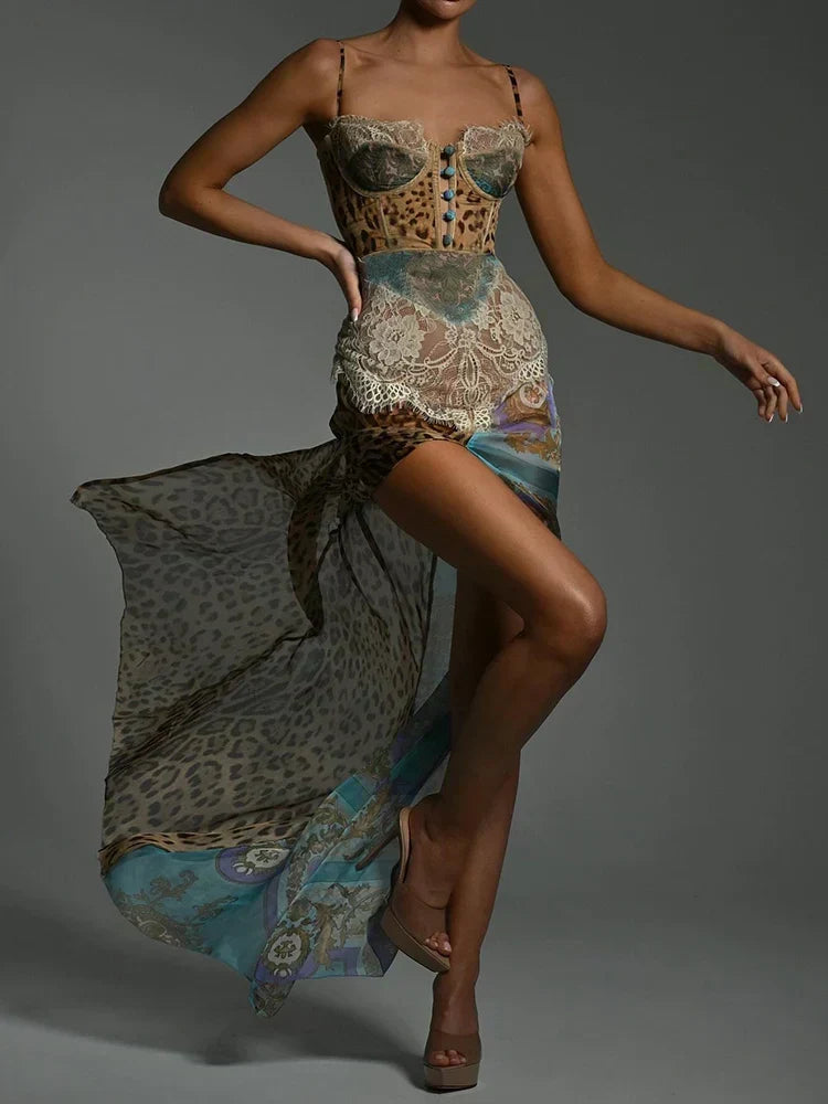 Print Lace Waist Sweetheart Corset Baroque Panel High Slit Maxi Dress