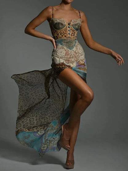 Print Lace Waist Sweetheart Corset Baroque Panel High Slit Maxi Dress