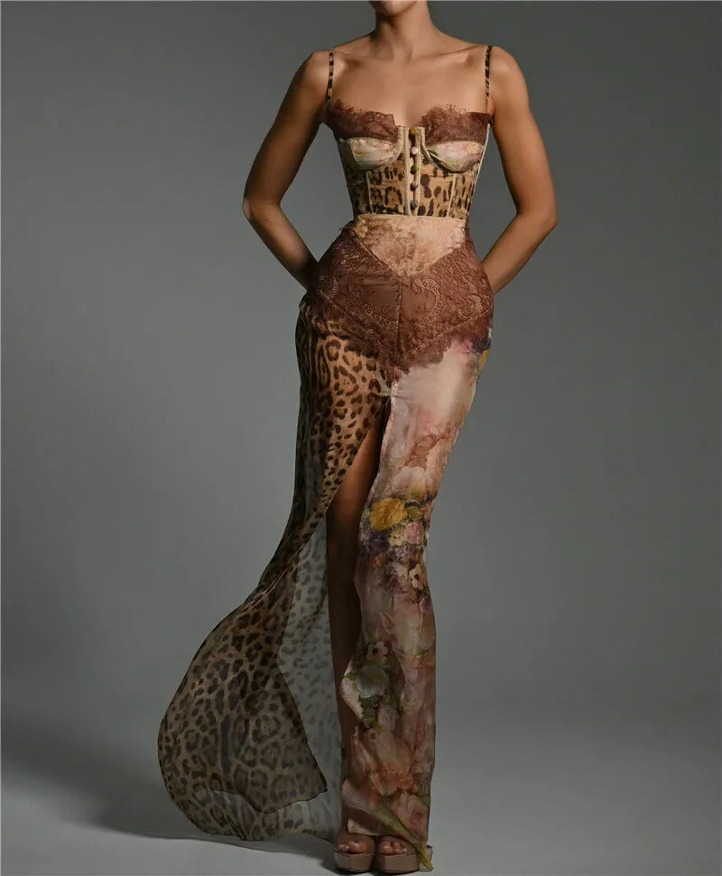 Print Lace Waist Sweetheart Corset Baroque Panel High Slit Maxi Dress