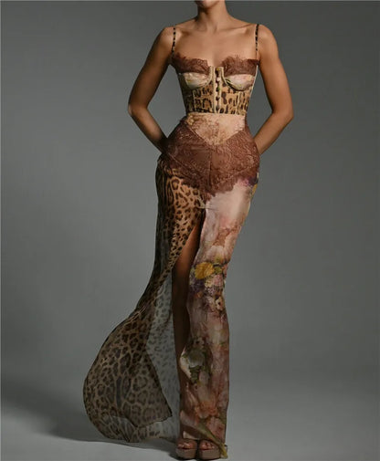 Print Lace Waist Sweetheart Corset Baroque Panel High Slit Maxi Dress