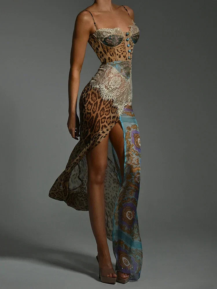 Print Lace Waist Sweetheart Corset Baroque Panel High Slit Maxi Dress