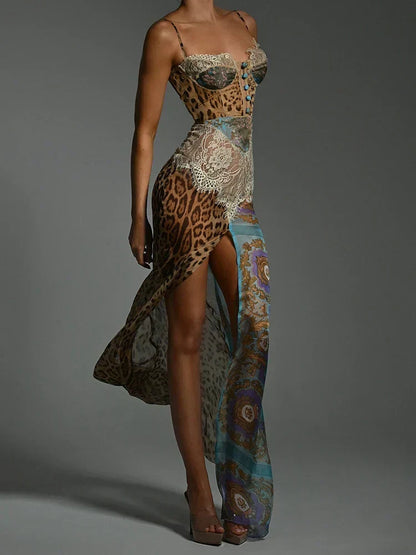 Print Lace Waist Sweetheart Corset Baroque Panel High Slit Maxi Dress