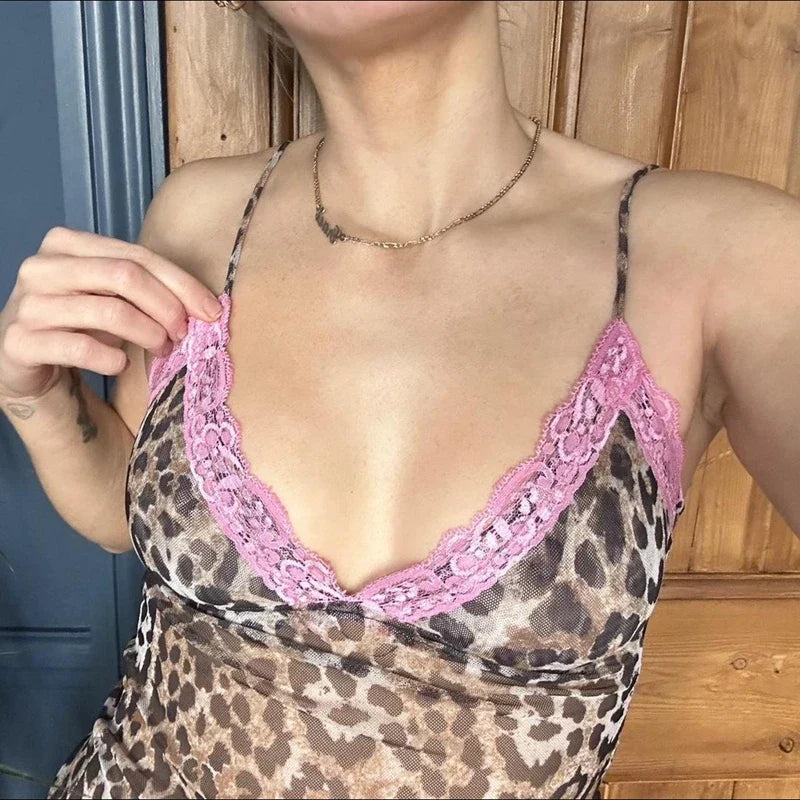 Leopard Print Lace Patchwork Fairy Coquette Retro Mesh Sheer Sleeveless Crop Top