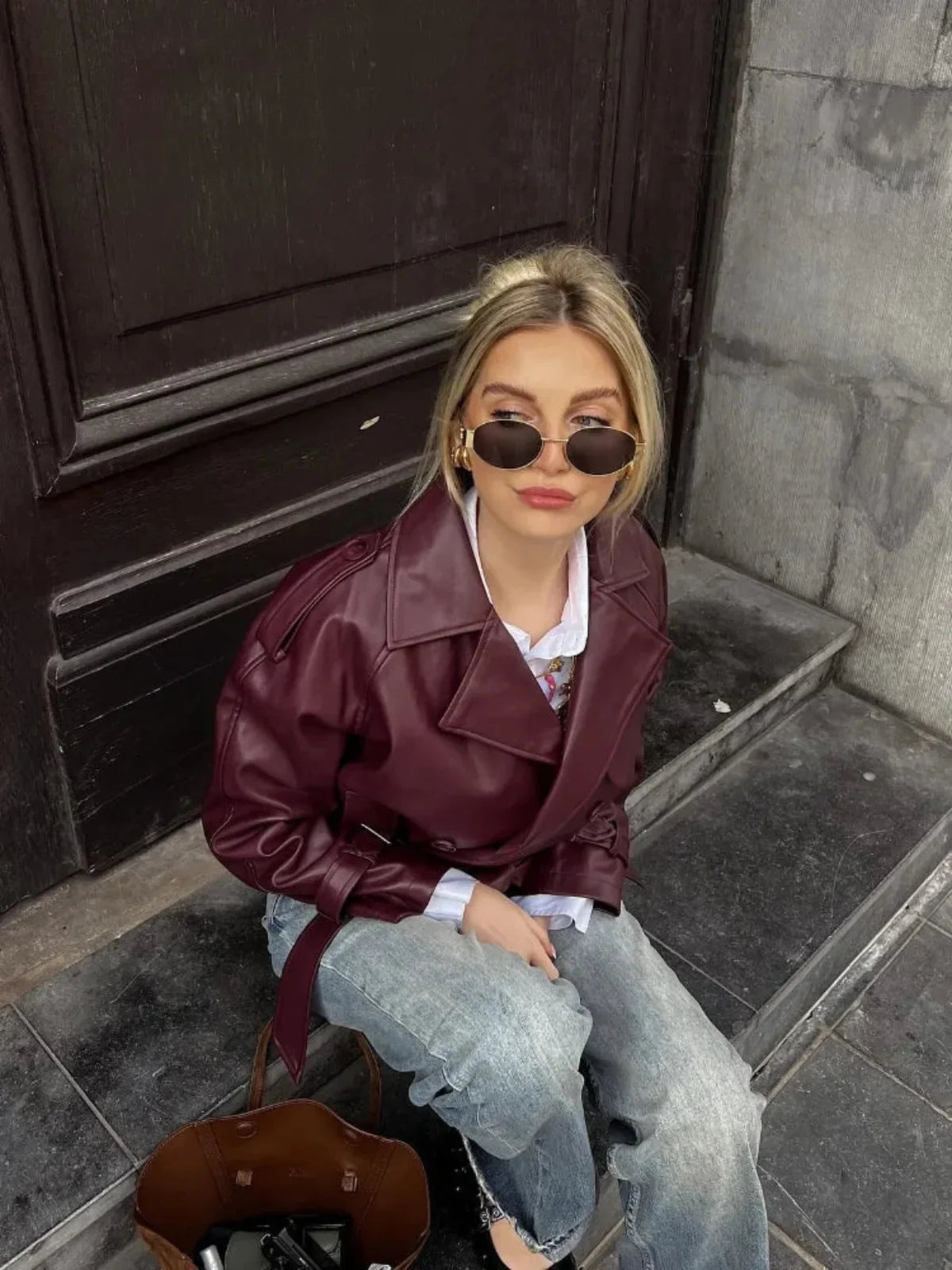 Vintage-Inspired Faux Leather Aviator Jacket