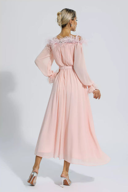 Lilian Pink One Shoulder Feather Long Sleeve Dress