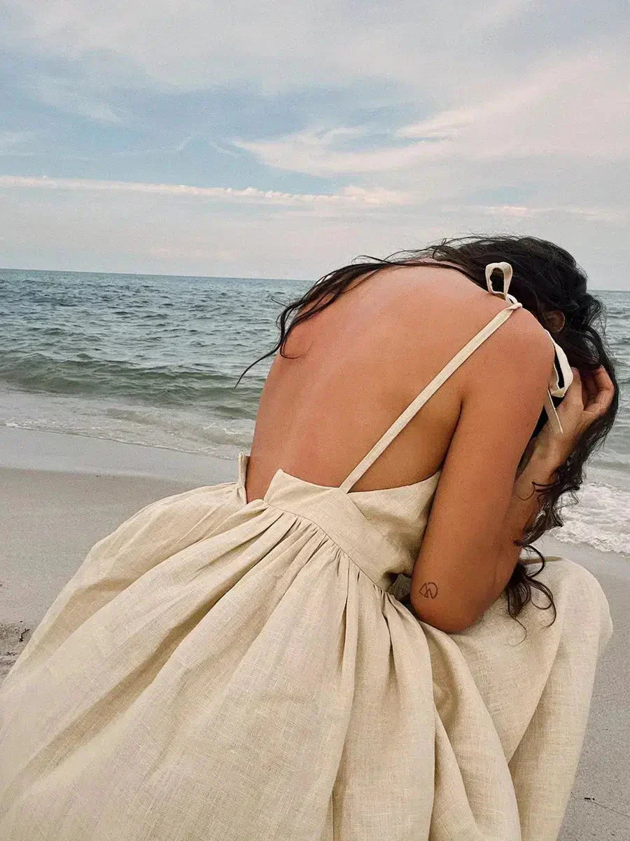 Open Back V-Neck Gathered Waist Linen Flowing Maxi Dress