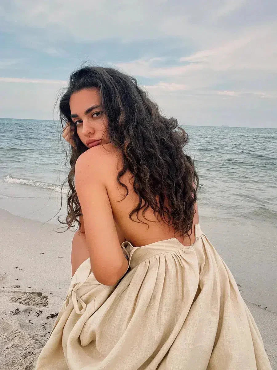 Open Back V-Neck Gathered Waist Linen Flowing Maxi Dress