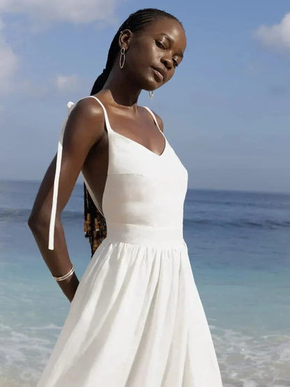 Open Back V-Neck Gathered Waist Linen Flowing Maxi Dress