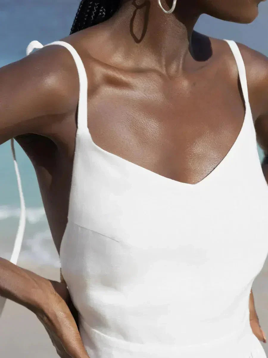 Open Back V-Neck Gathered Waist Linen Flowing Maxi Dress