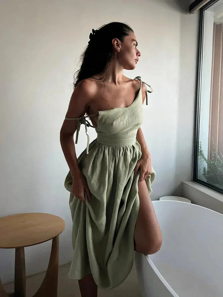 Open Back V-Neck Gathered Waist Linen Flowing Maxi Dress