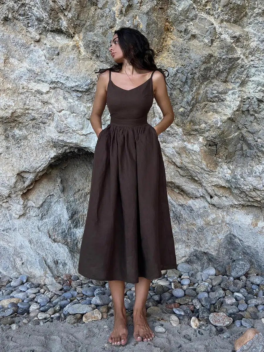 Open Back V-Neck Gathered Waist Linen Flowing Maxi Dress