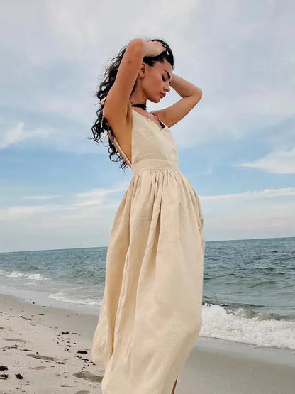 Open Back V-Neck Gathered Waist Linen Flowing Maxi Dress