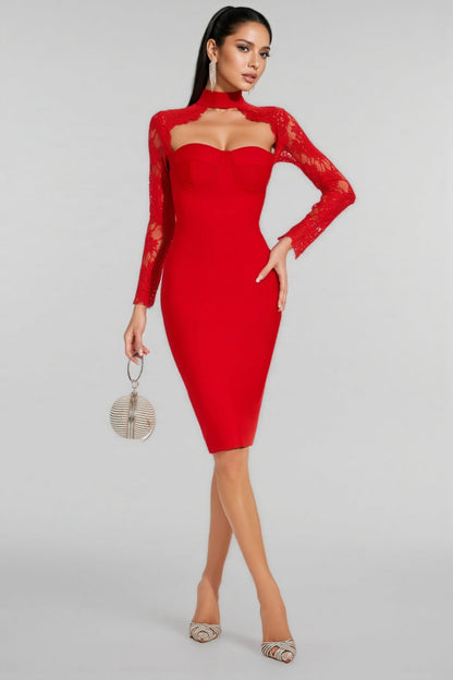 Grece Red Lace Sleeve Bandage Maxi Dress