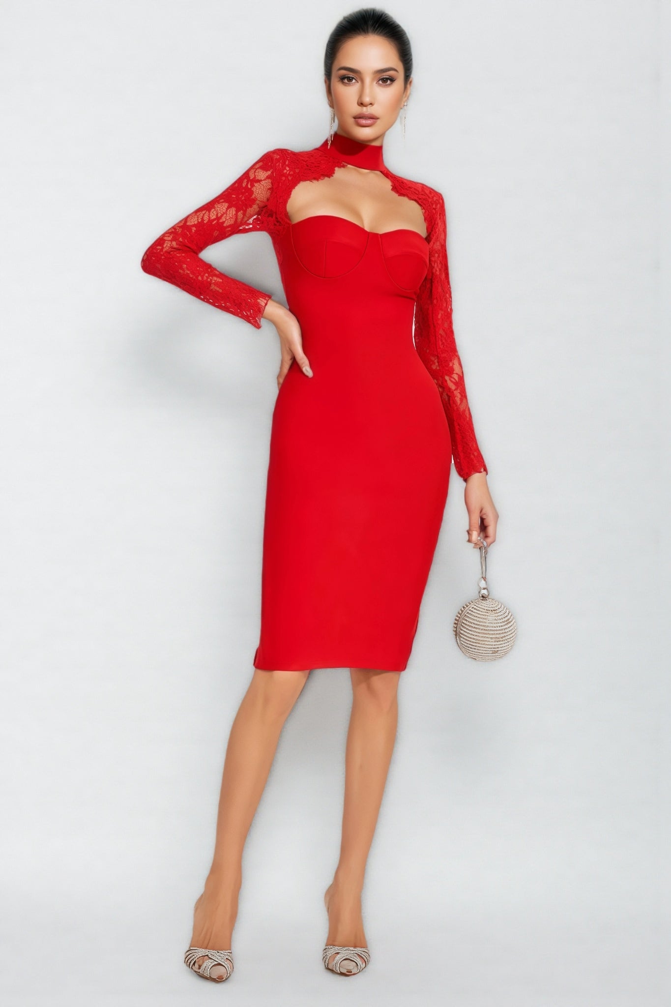 Grece Red Lace Sleeve Bandage Maxi Dress