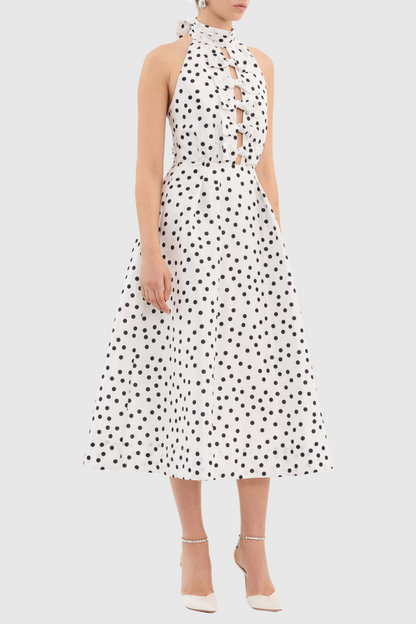 Londa Halter Polka Dot Bow Cutout Midi Dress