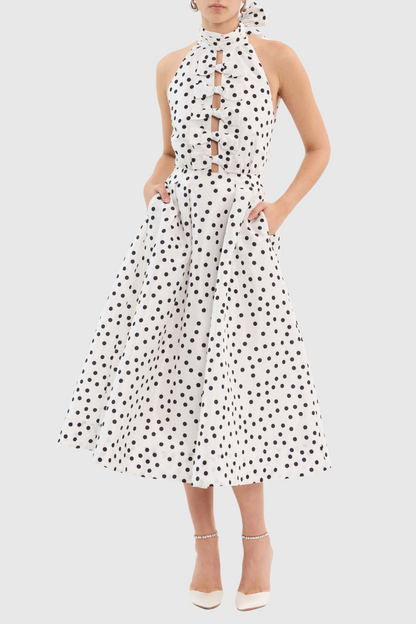 Londa Halter Polka Dot Bow Cutout Midi Dress