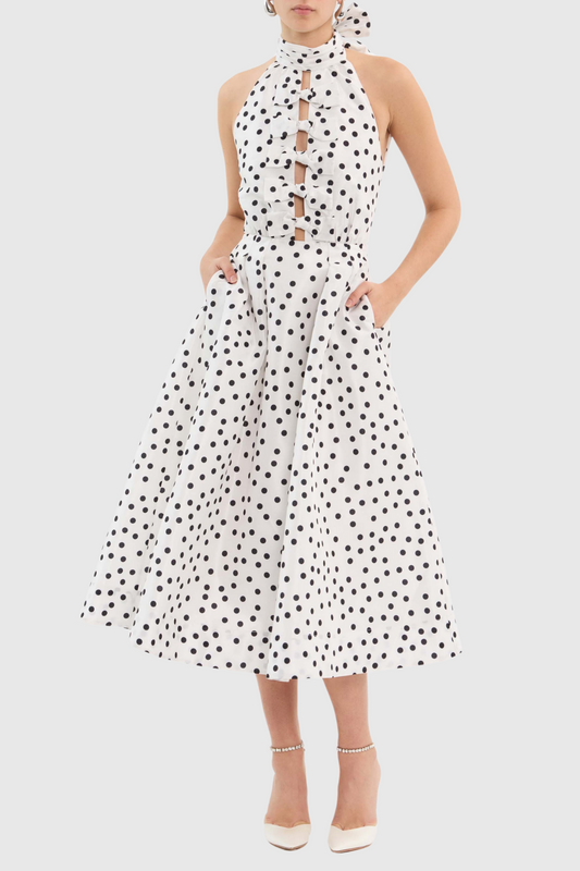 Londa Halter Polka Dot Bow Cutout Midi Dress