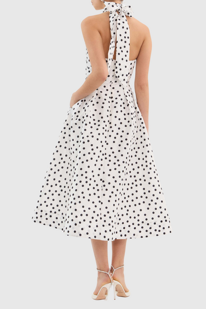 Londa Halter Polka Dot Bow Cutout Midi Dress
