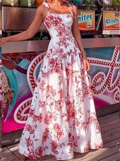 Floral Spaghetti Strap High Waist Maxi Dress