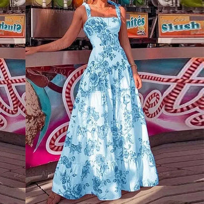 Floral Spaghetti Strap High Waist Maxi Dress