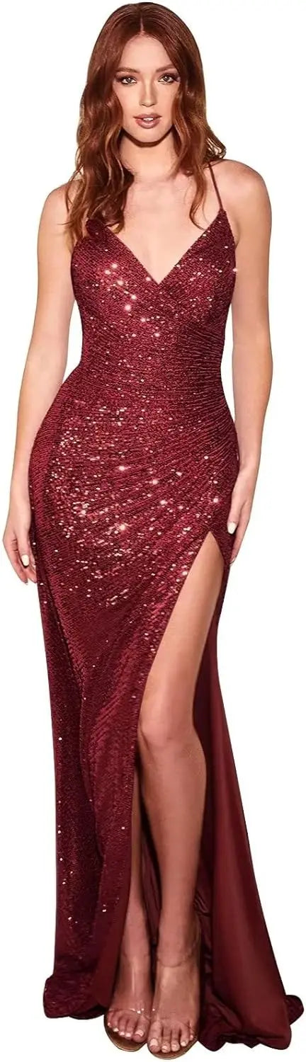 Sequin V-Neck Low Back Sparkly Maxi Dress