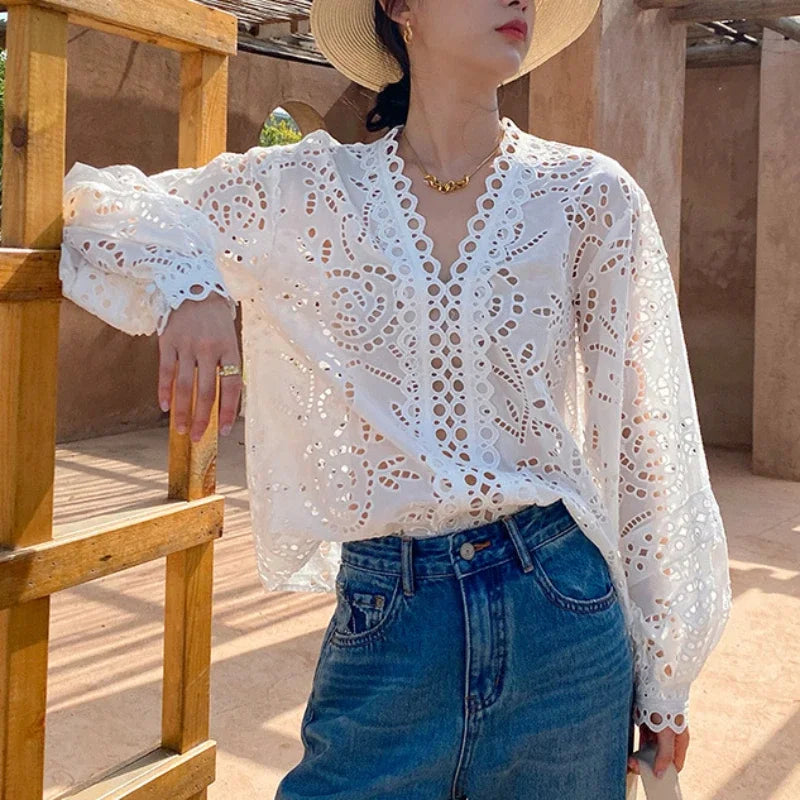 Long Sleeve V-Neck Hollow Out Floral Lace Boho Blouse