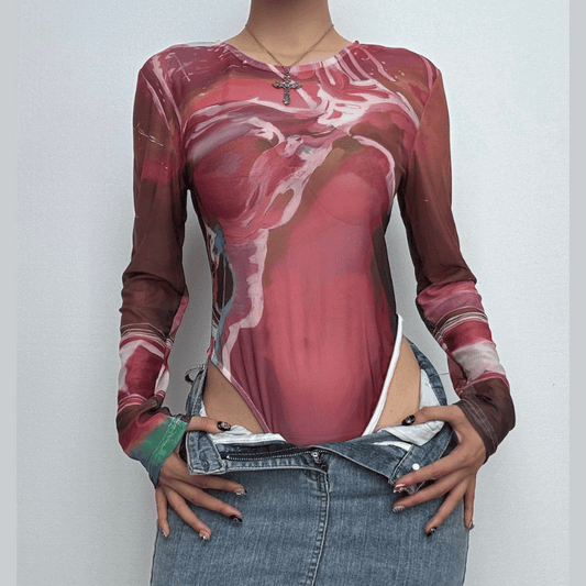 Long sleeve sheer mesh crewneck print bodysuit