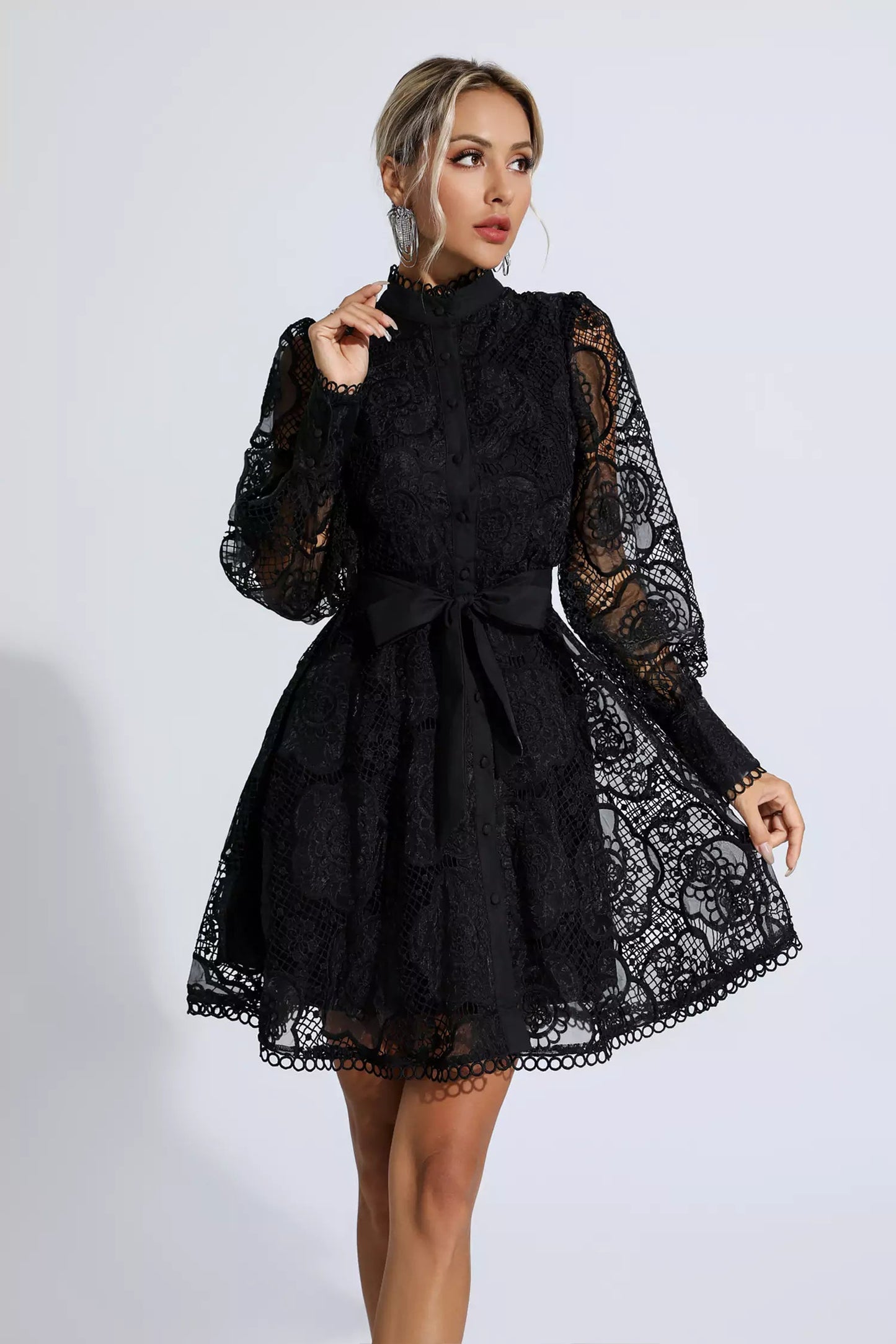 Lorelei Lace Jacquard Mini Dress-Black