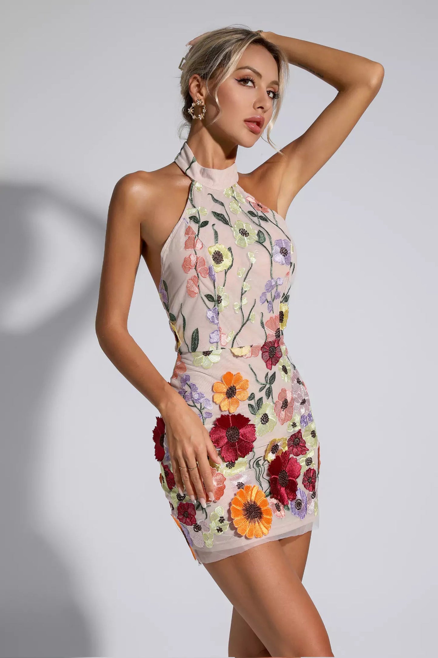 Luciana Flesh Pink Floral Embroidery Dress