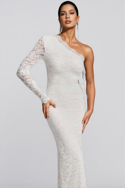 Sylase One Shoulder White Lace Maxi Dress