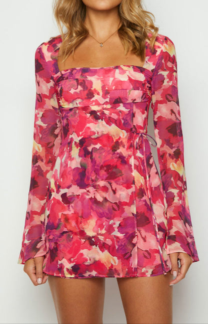 Abriana Pink Print Long Sleeve Mini Dress