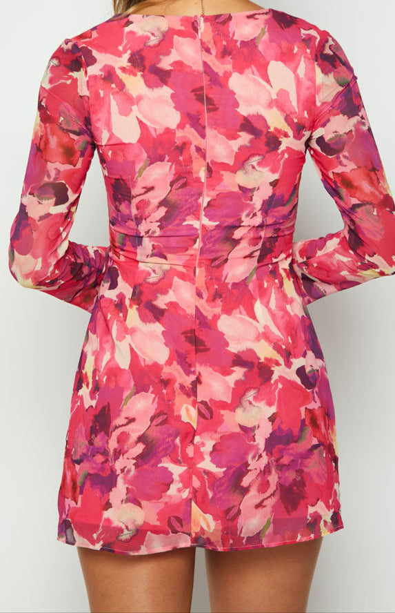 Abriana Pink Print Long Sleeve Mini Dress