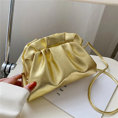 Luxurious Gold Cloud Leather Silver Crossbody Clutch Handbag