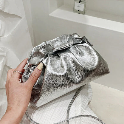 Luxurious Gold Cloud Leather Silver Crossbody Clutch Handbag