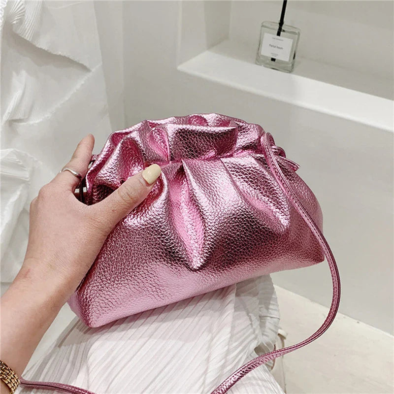 Luxurious Gold Cloud Leather Silver Crossbody Clutch Handbag