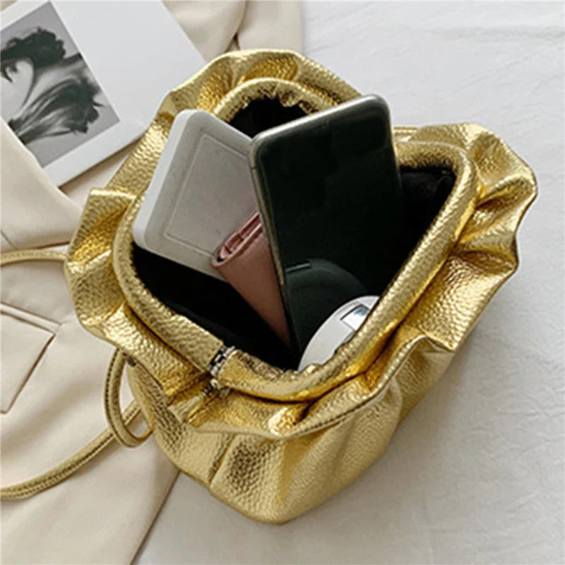 Luxurious Gold Cloud Leather Silver Crossbody Clutch Handbag