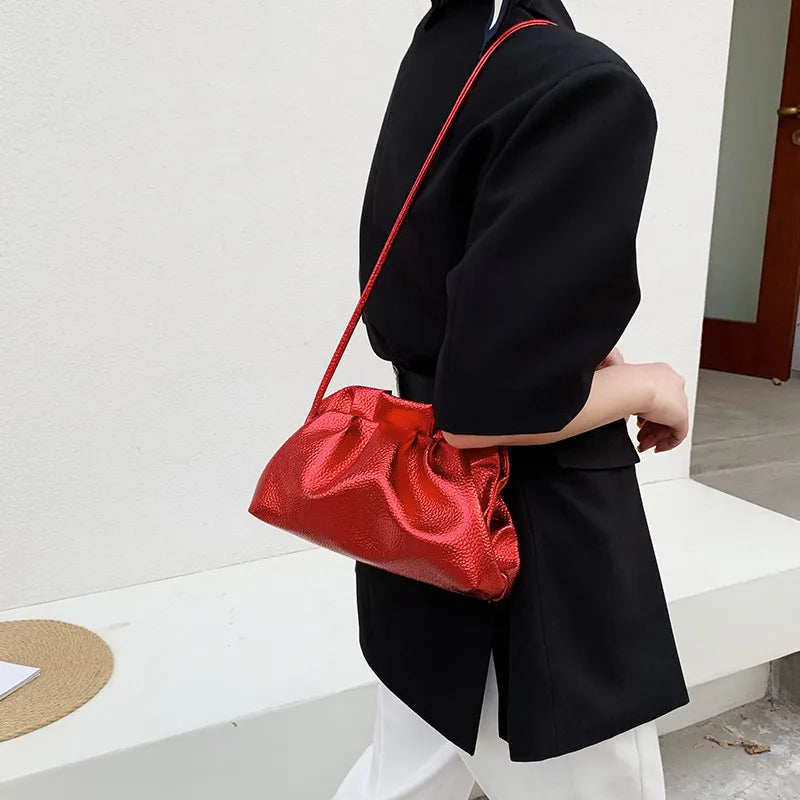 Luxurious Gold Cloud Leather Silver Crossbody Clutch Handbag