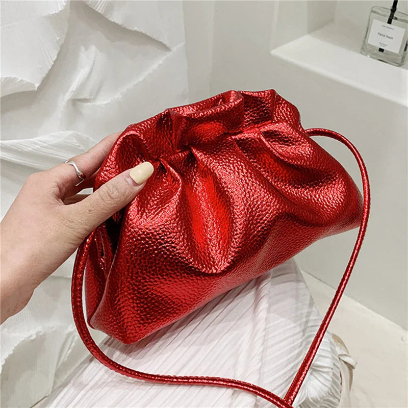 Luxurious Gold Cloud Leather Silver Crossbody Clutch Handbag
