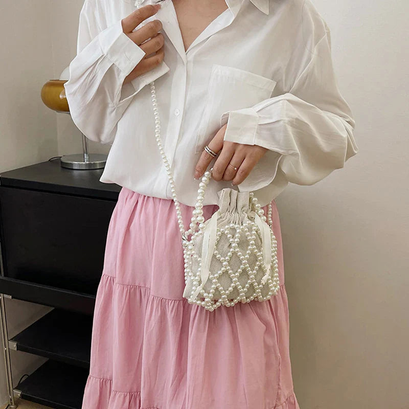 Luxury Pearl Woven Bucket Tote Handbag