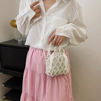 Luxury Pearl Woven Bucket Tote Handbag