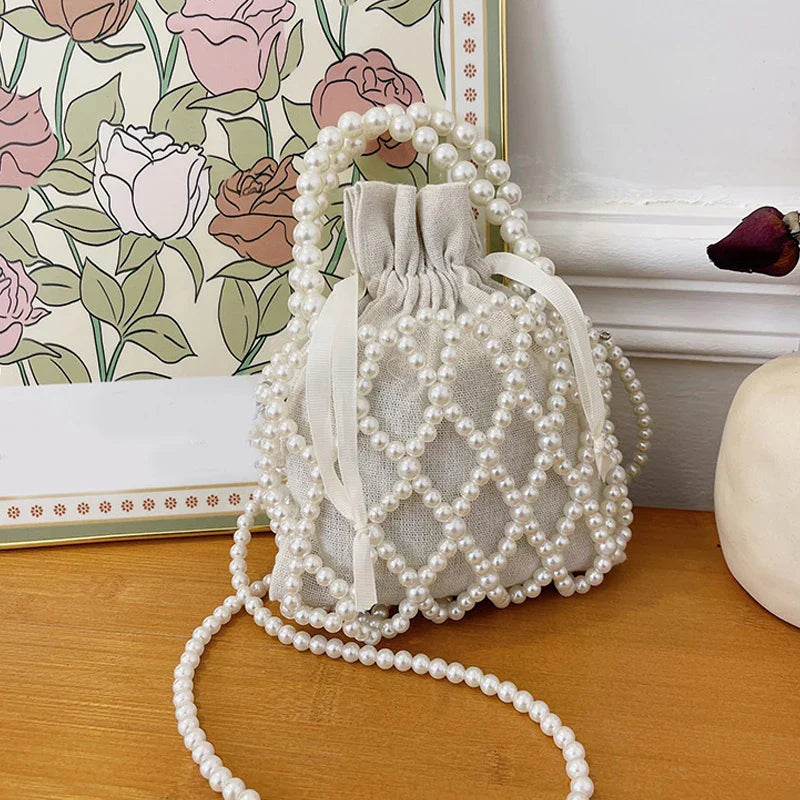 Luxury Pearl Woven Bucket Tote Handbag